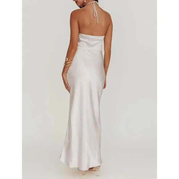 Women's White Summer Silk Sleeveless Cocktail Formal Backless Long Maxi - Picture 3 of 6